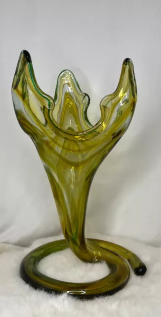 Vintage Hand Blown Green Glass Vase Mid Century Modern Curved Stem Art glass 2