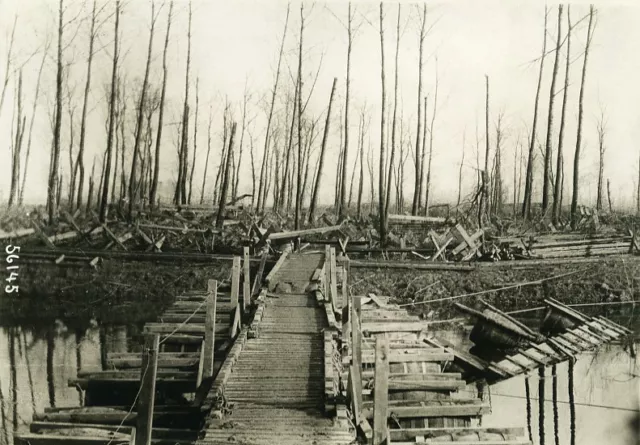 Belgium WWI Yser Front Canal Wooden Barrel Bridge Old Photo Meurisse 1915