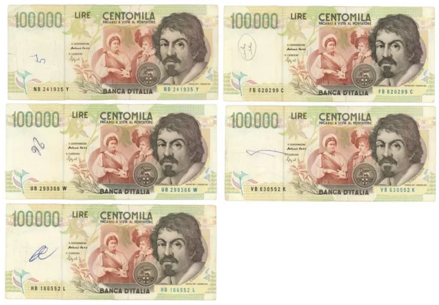 100000 LIRE LOT 5 BANK NOTES ITALY CARAVAGGIO II TYPE LETTER B 1995 qBB