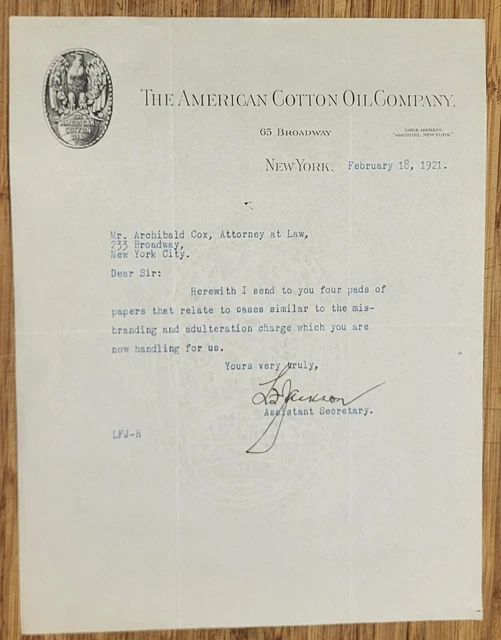 1921 Letterhead New York City American Cotton Oil Company
