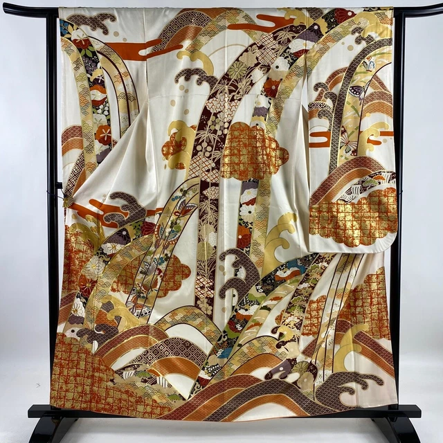 Japanese Silk Kimono Vintage Furisode Gold Long Sleeves Kiku Noshi Cream 63"