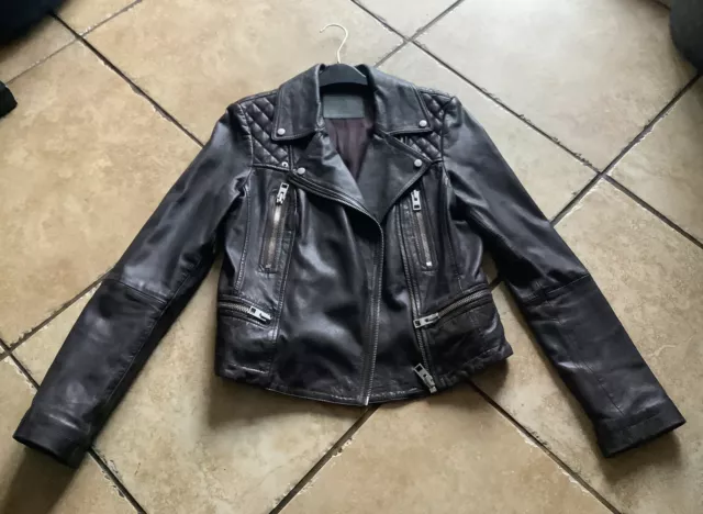 Allsaints Bleeker Dark Brown Leather Biker Jacket Uk12 Ex Con