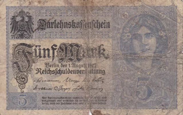 Darlehenskassenschein 1.8.1917 Deutschland 5 Mark Nr. P.I 1080394