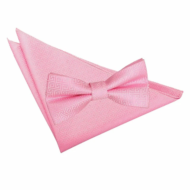 Set Hanky cravatta con fiocco pre-legata da uomo rosa bambino tessuto con chiave greca di DQT