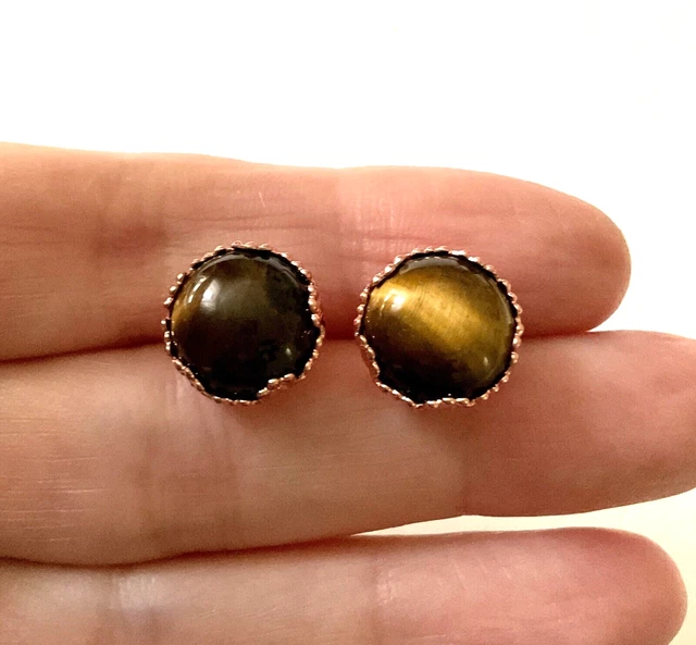 Boucles D'oreilles Anciennes En œil-de-tigre Et Plaqué Or Rose - Jolies Puces Pendantes