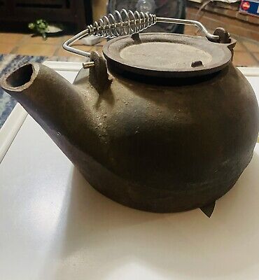 Vintage Heavy Cast Iron Tea Pot Kettle W Swivel Lid & Wire Handle - Unmarked