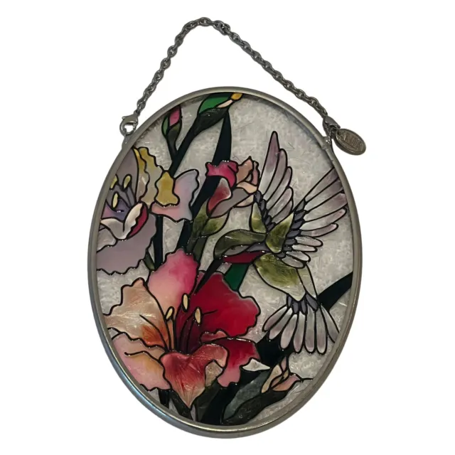 AMIA Hand Painted Stained Glass Suncatcher Floral With Hummingbird