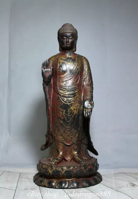 12" Chinese Buddhism Marked Copper Stand Lotus Shakyamuni Amitabha Buddha Statue