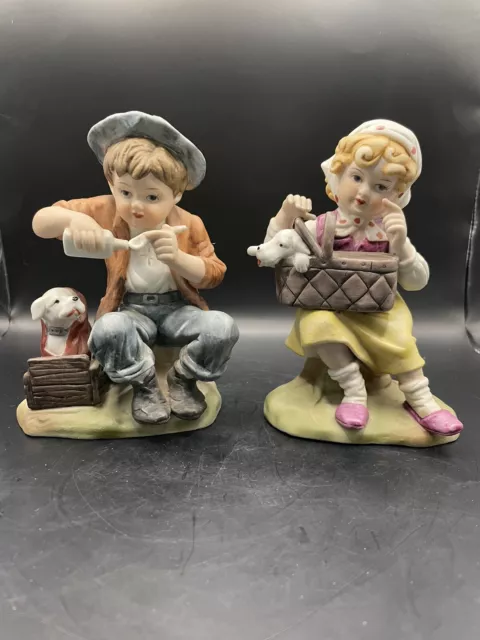 Vtg Bisque Porcelain Boy Girl And Dog Figurines Hand painted