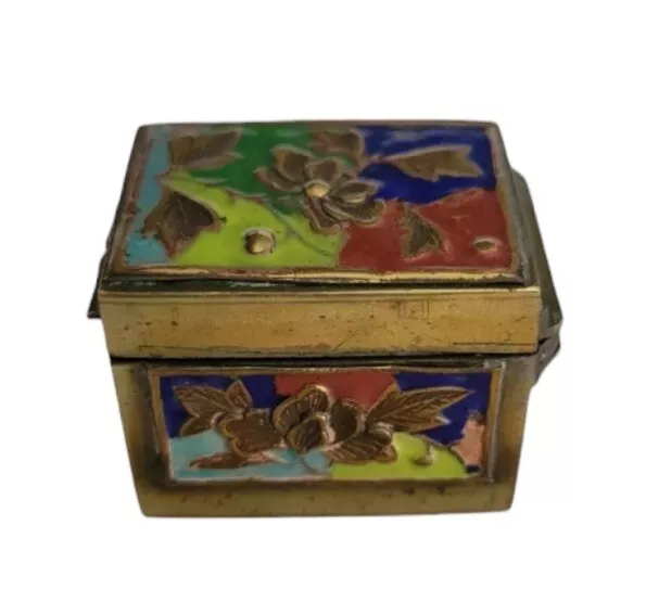 Vintage Chinese Solid Brass Enameled Trinket Pill Box Floral Stamp Box