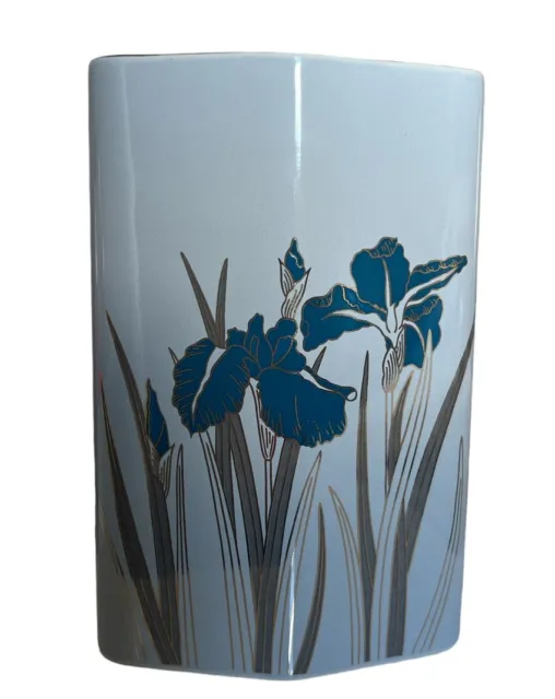 Vintage Royal Iris Otagiri Japanese Turquoise/Silver Botanical Flower Grey Vase