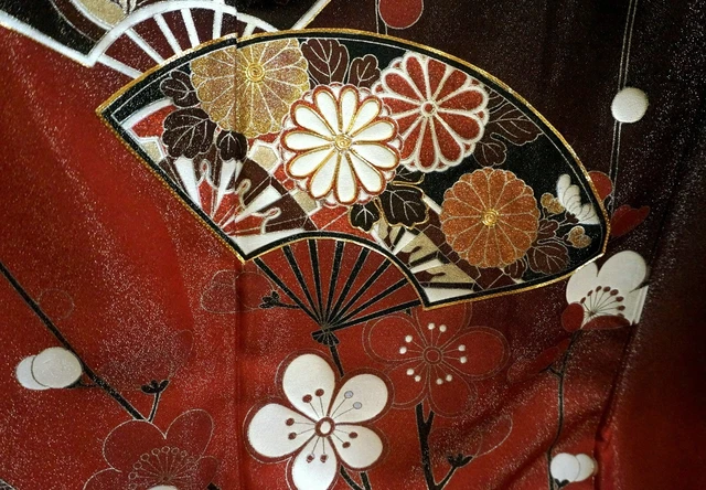 Japanese kimono SILK"FURISODE" long sleeves,Gold fans, Plum, G/Silver,5' 5".3330 3