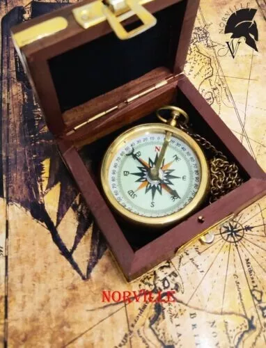Antique Brass Compass with Wooden Box Nautical Vintage Maritime Collectible Gift