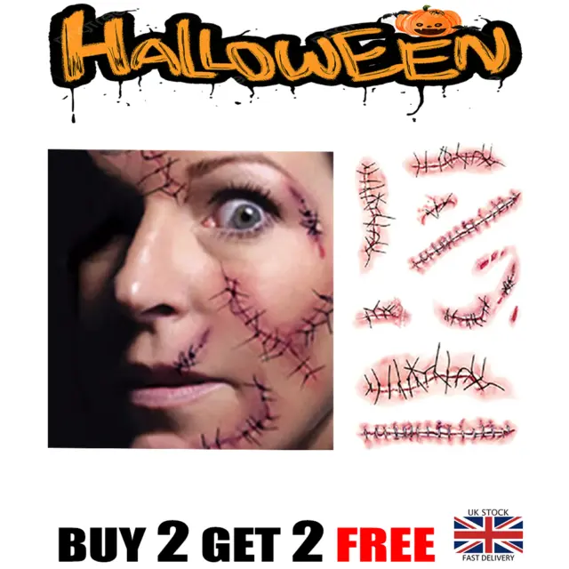 Halloween Zombie Scars Stickers Temporary Tattoos Party Wound Face Make Up Kit
