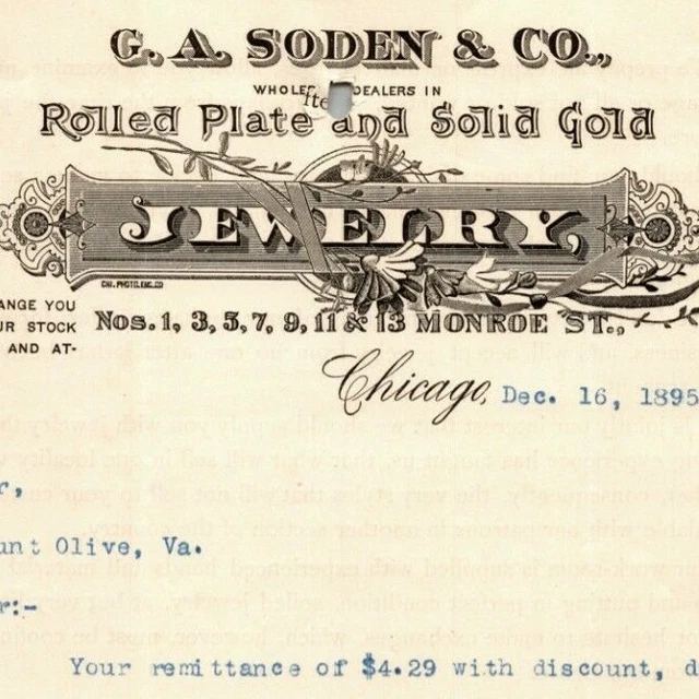 1895 Letterhead Billhead G.A. Soden & Co. Jewelry Gold Chicago Ephraim Baker*