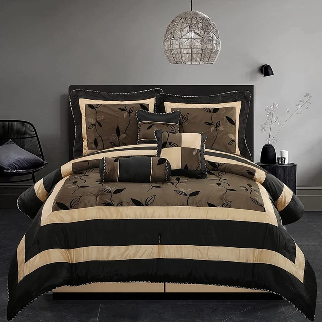 Silky Flocking Black Brown Floral Leaves 7 pcs Cal King Queen Comforter set