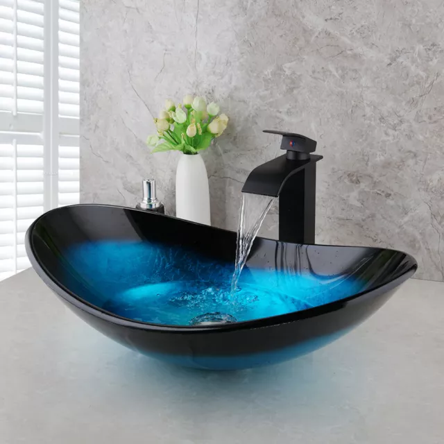 UK Bathroom Blue Oval Tempered Glass Vessel Sink Basin Faucet Set Overmounted