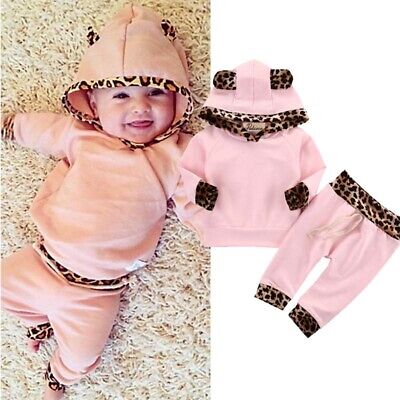 Newborn Infant Baby Girls Clothes Leopard Print Hooded Tops Pants Outfits Set