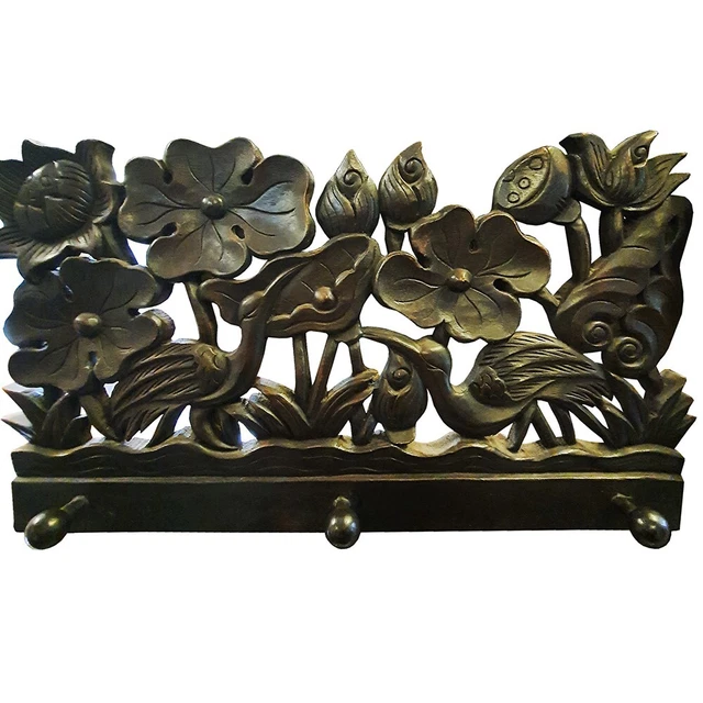 Wood Carved Clothes Hanger Lotus Pond Hooks Wall Mounted Brown Antique Style