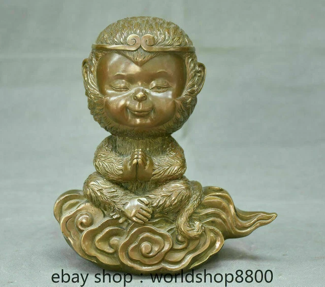 7.6" Old Chinese Copper Feng Shui Seat Monkey King Sun Wukong Sculpture