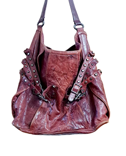 Treesje Leather Hand Shoulder Slouch Bag Purse Burgundy Studded Buckle Accent Treesje Leather Hand Shoulder Slouch Bag Purse Burgundy Studded Buckle Accent
