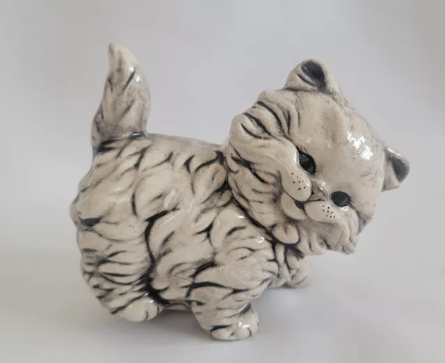 Small Ceramic Black Gray White Persian Cat Figurine Hand Painted Marked VTG 1985