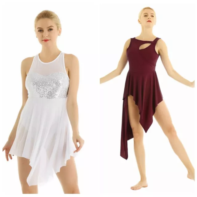 Adult Women's Sleeveless Asymmetric Ballet Leotard Skate Dance Dress Costume