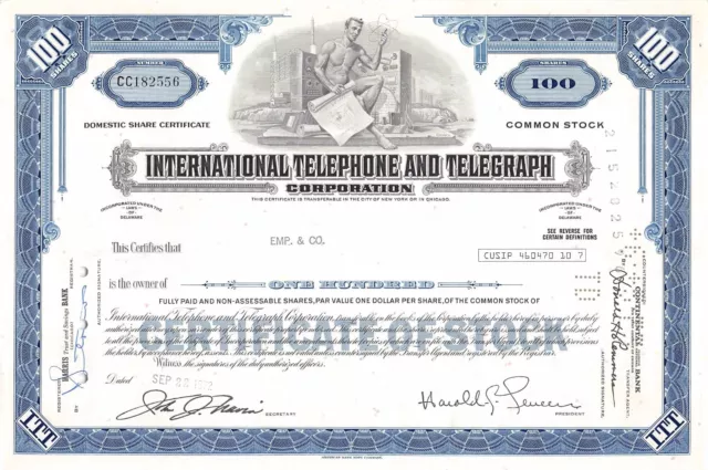 International Teléfono And Telegraph 100 Acciones Delaware 1972 (182556)