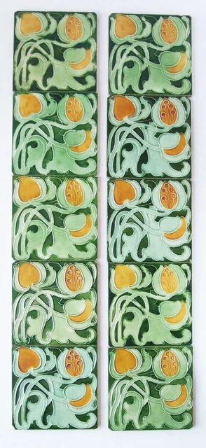 Very Stylish Original Set of 10 Antique Art Nouveau Fireplace Tiles Birmingham