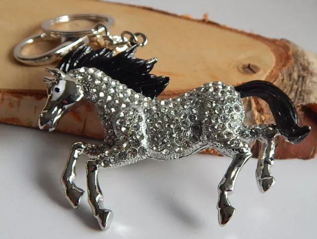 gr.ANHÄNGER PFERD PONY m.Swarovski*Strass* schwarze Mähne*SCHLÜSSELANHÄNGER