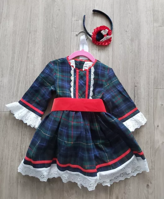 Robe de fête de Noël fille émeraude tartan, style espagnol/rom neuf avec étiquettes 2 & 4 ans