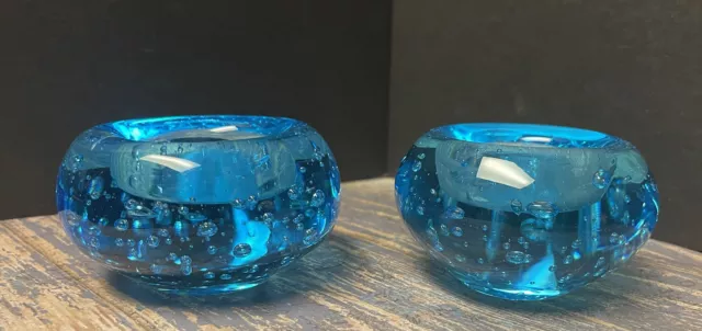 IKEA set of 2 Art Glass Votive Tea Light Candle Holder Controlled Bubble Aqua