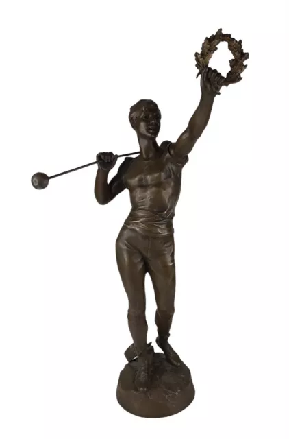 Antique Jean Didier Debut Bronze Weightlifter Hldg Laurel Wreath Signed D Debut