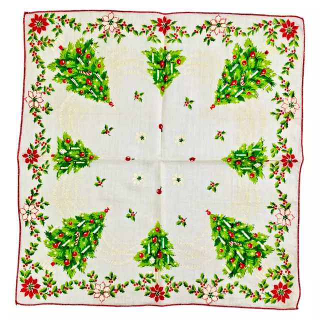 Vintage Linen Handkerchief Christmas Tree Poinsettia Berries Holly Red Edges 13"