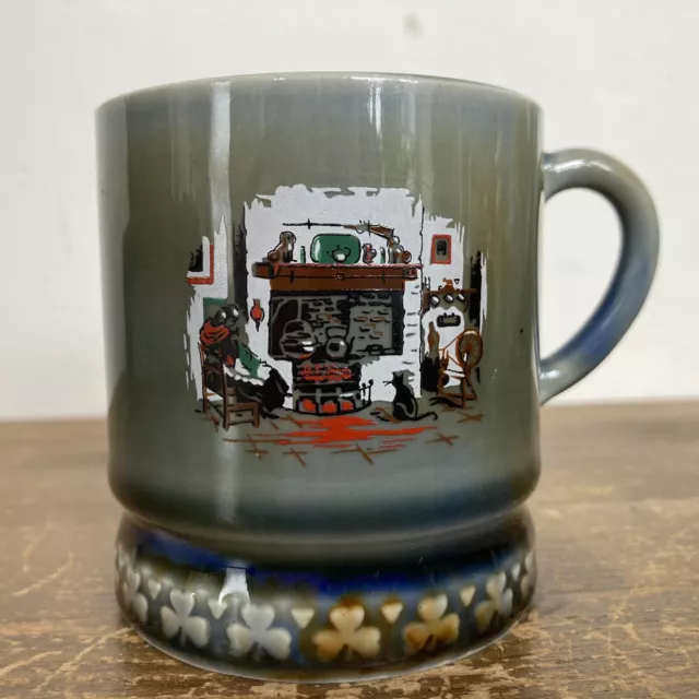 Vintage Wade Irish Porcelain Green Cup Mug Ireland Woman Cat By The Fire