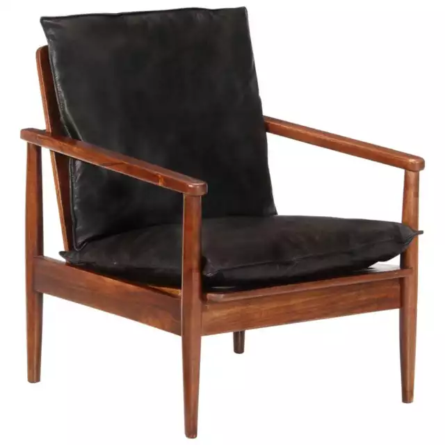 Fauteuil noir cuir véritable et bois d'acacia solide