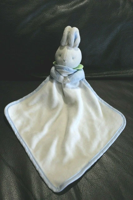 Doudou peluche lapin bleu et blanc vert bébé KLORANE avec mouchoir blanc bleu