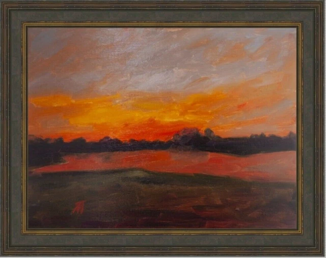 Pittura a olio originale, tramonto impressionista, pittura di paesaggio 16"...