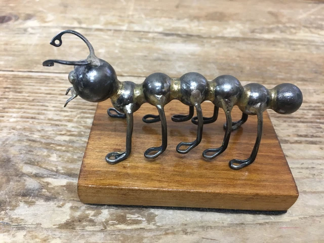 Metal Caterpillar Centipede Handmade Folk Art Insect Wrought Iron Bug Wood Base