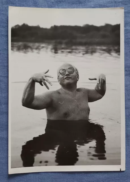 funny  pose grimace man shirtless in the lake USSR 1980s