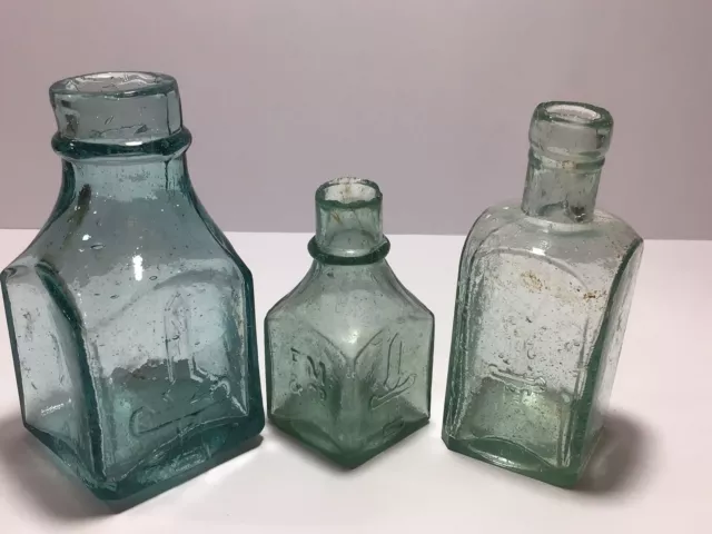 3 Embossed DAGGER PICTORIAL (Francis Mordan) FM & Co Old Ink Bottles J37