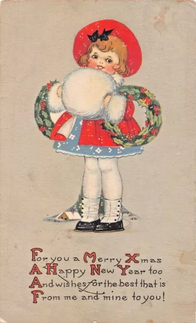 Cute Girl-Muff~For You A Merry Christmas-Happy New Year~1924 Postcard