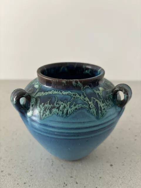 3 Handled Blue Drip Glaze Vase. Art Studio Pottery Immaculate Condition.