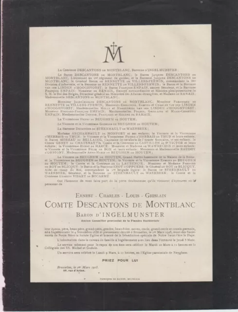 1925 Faire-part décès Ernest DESCANTONS de MONTBLANC, Baron d'INGELMUNSTER.