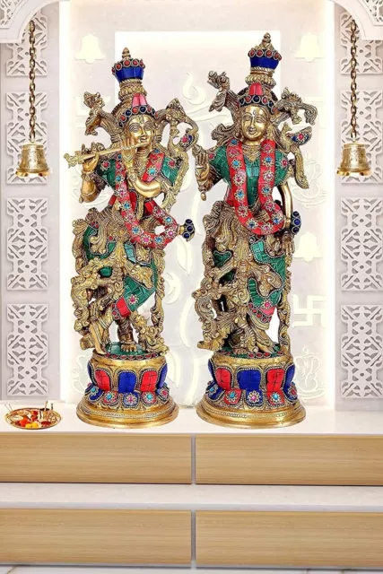 Traditional Hindu Religious Lord Radha Krishna Idol Brass Statue Home Decor 15''