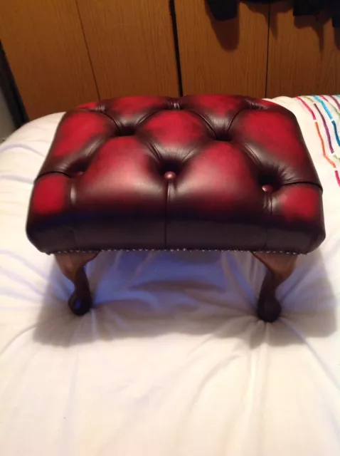 Red Oxblood Antique Leather Chesterfield Footstool Queen Anne Legs Pouffe