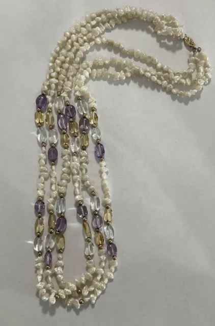 Vintage 14k Gold Balls Amethyst Aquamarine 3 Strand Rice Pearl Necklace 23” 55g