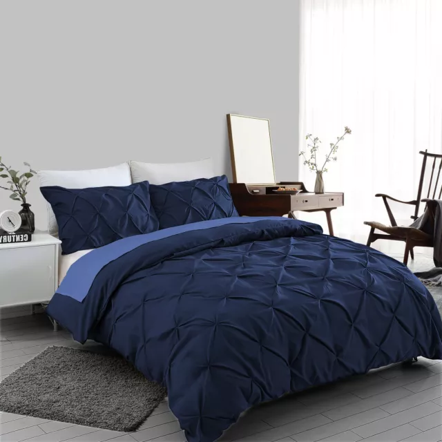 Navy Pintuck Duvet Cover Set 100% Egyptian Cotton Bedding Sets Double King Size