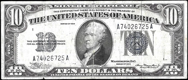 1934 $10 Ten Dollar Silver Certificate Blue Seal FR 1701