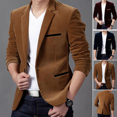 Men Corduroy Work Blazer Jacket Business Casual Button Slim Fit Suit Coat Tops